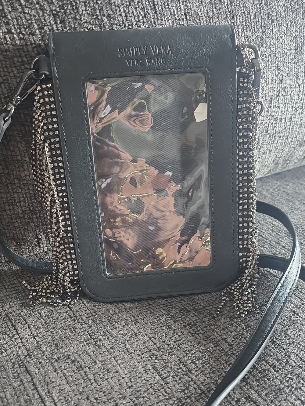 Simply Vera Vera Wang Black Crossbody Phone Bag with Rhinestone Fringe
